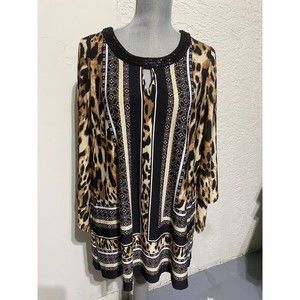 Leopard Print Long Lagenlook Blouse 1X with bejeweled neckline